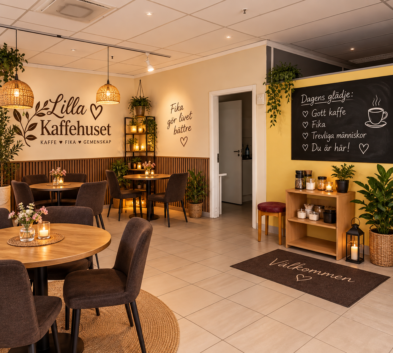 Mysig sittdel med runda träbord och levande ljus på Lilla Kaffehuset i Ludvika