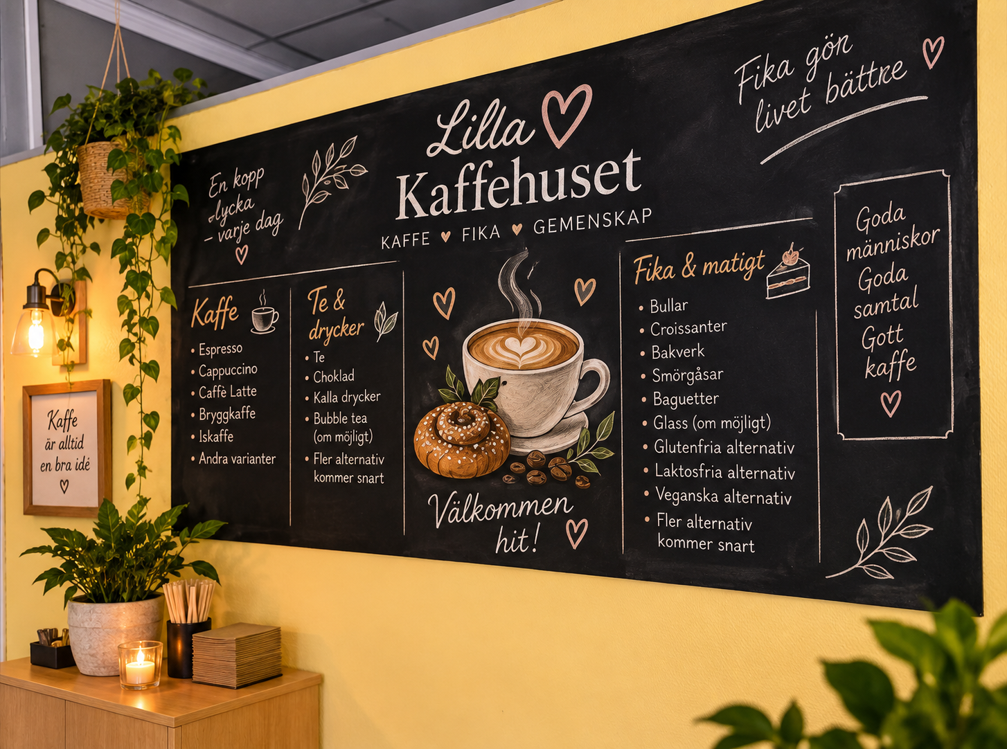Handskriven meny på svarta tavlan med kaffe, fika och matigt på Lilla Kaffehuset