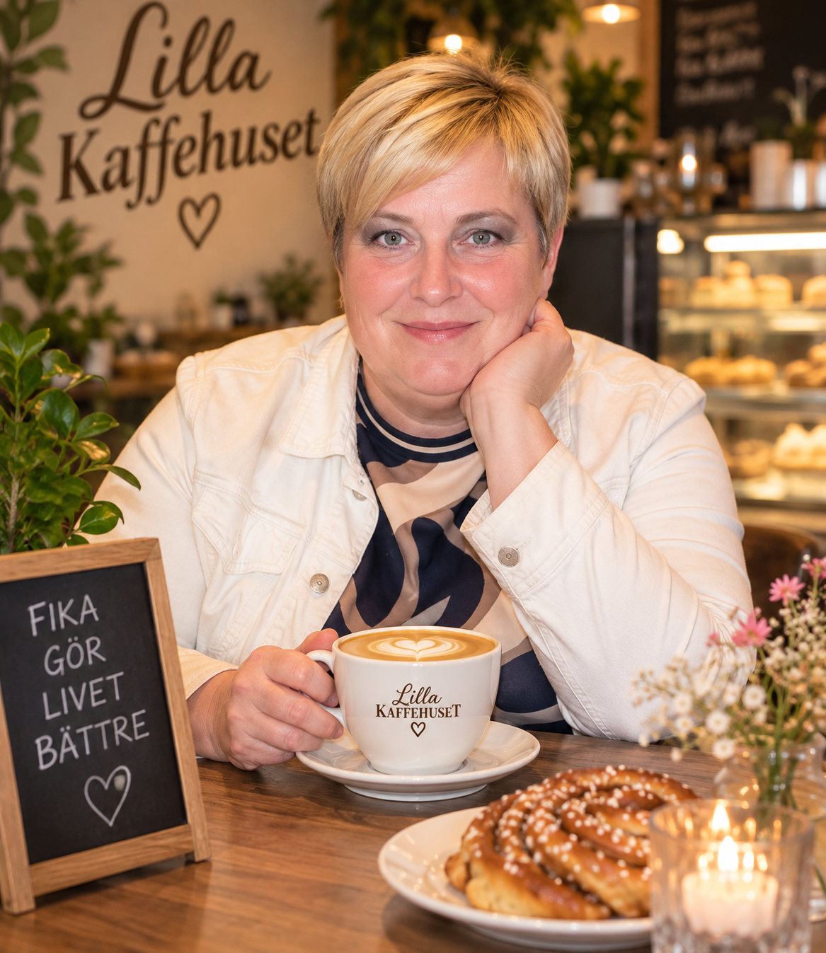 Ägaren till Lilla Kaffehuset sitter vid ett bord med en caffe latte och kanelbullar