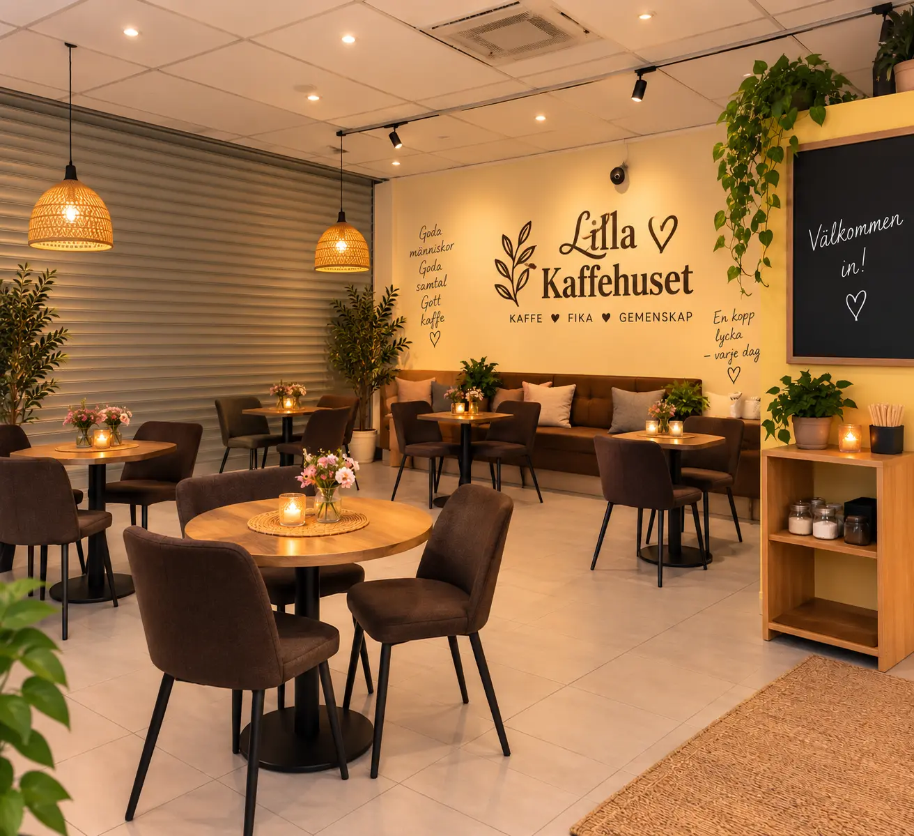 Caféets sittdel med varm belysning och blommor på borden