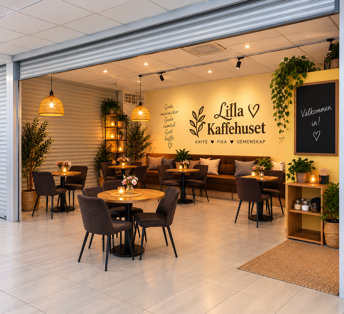 Sittplatser med soffa och små bord på caféet i Engelbrekt Gallerian